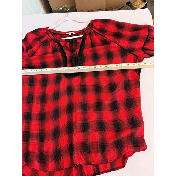 reCreation Womans XL Red Buffalo Plaid Crochet Velour Tassel Balloon Sleeve Top - Picture 8 of 11